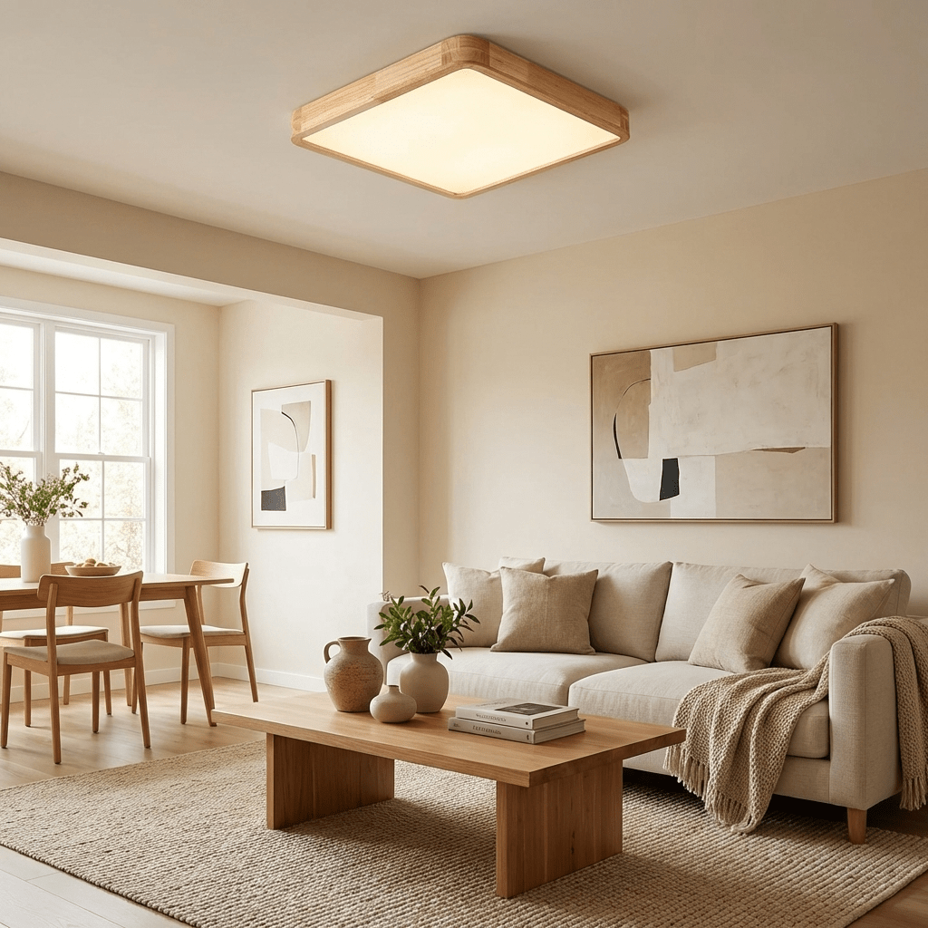 Wood Ceiling Light for Bedroom & Living Room – Geometric LED Flush Mount, Scandinavian Modern Hallway & Kitchen Ceiling Fixture