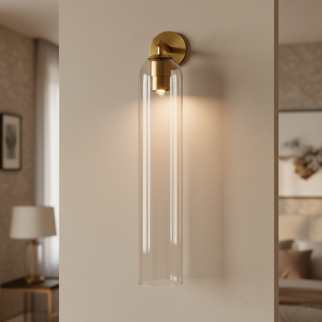 Aria Art Glass Wall Sconce mounted on a warm plaster wall, elevated interior hero shot