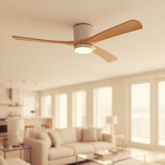 Nordic Wooden Ceiling Fan Light in a warm elevated interior
