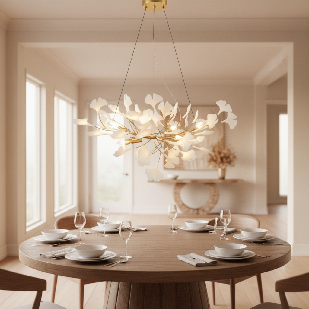 Horizon Bloom Gingko Chandelier suspended in a warm interior