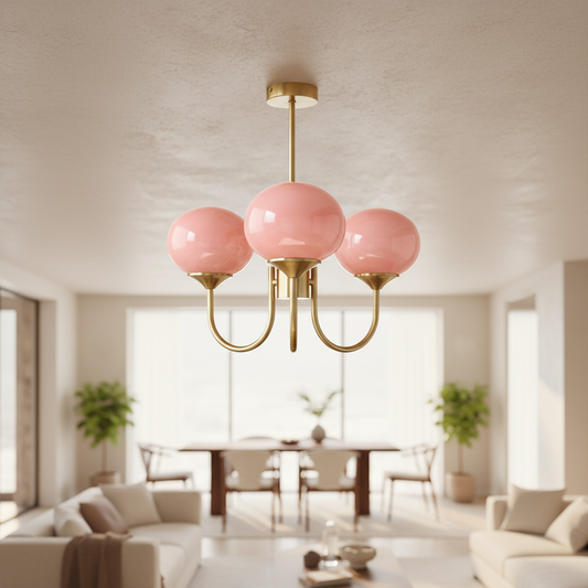 Marshmallow Glass Chandelier suspended in a warm interior