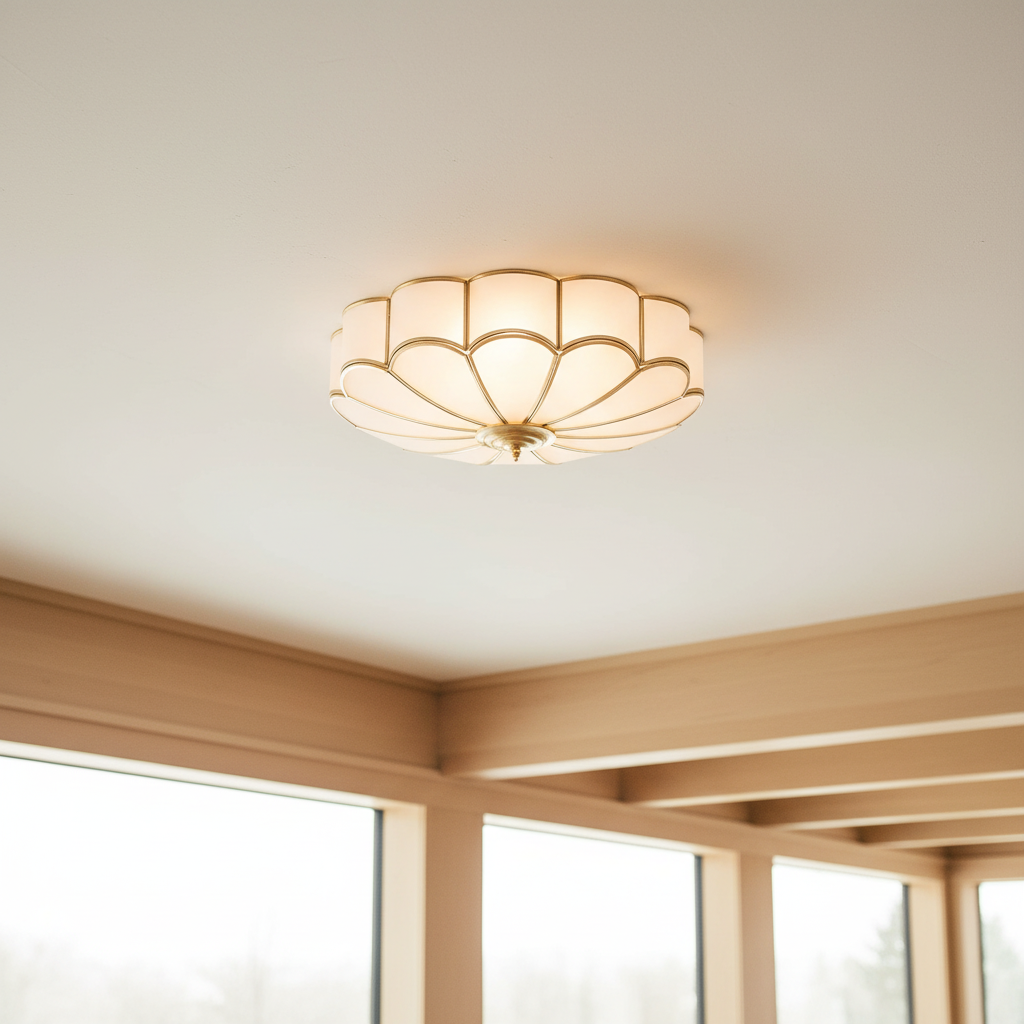 Fiore Glass Flush Ceiling Light in a warm modern living room