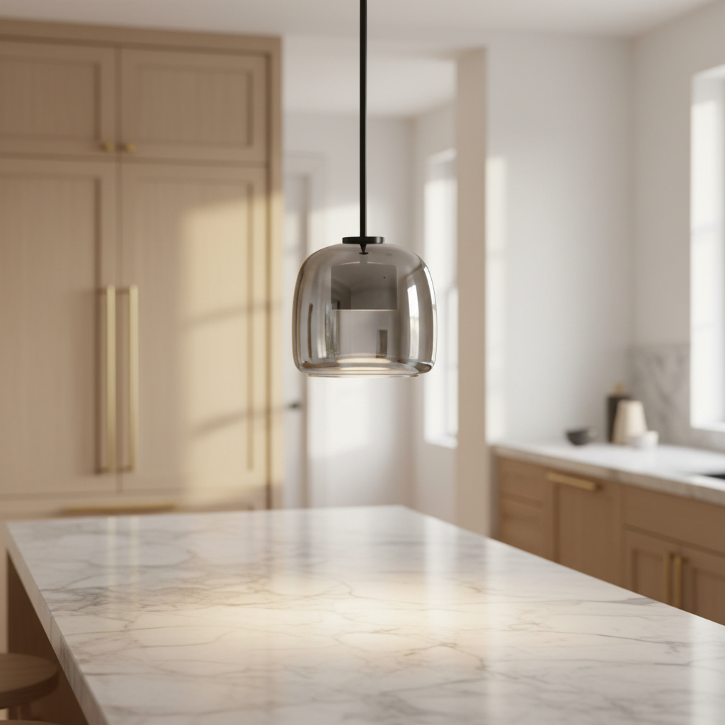 Orbe Glass Sphere Pendant Lamp above a kitchen island