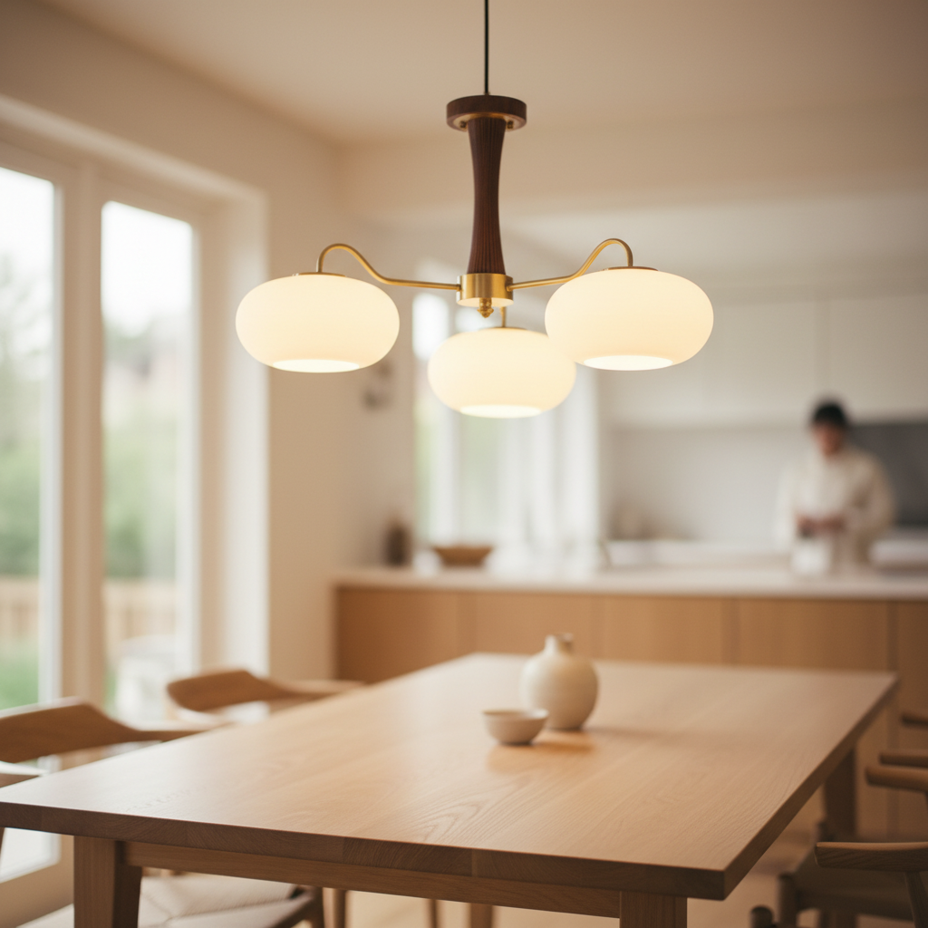 Persimmon Brass and Walnut Chandelier above a dining table