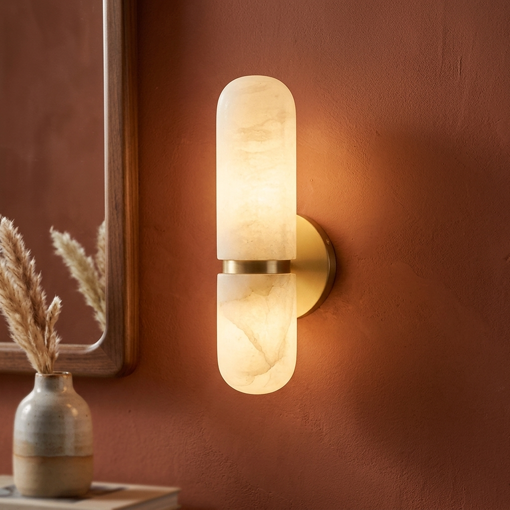 Alabaster wall sconce on a warm, contrasting interior wall