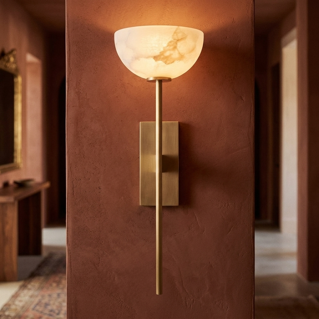 Alabaster cup wall sconce mounted beside a bed