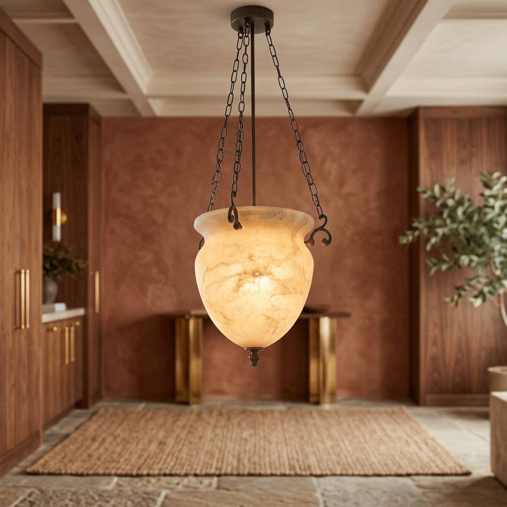 Alabaster urn chain pendant in a warm entryway