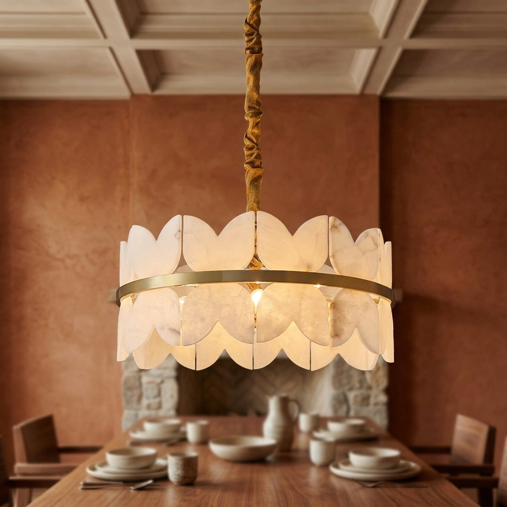 Alabaster cloud chandelier in a warm dining room