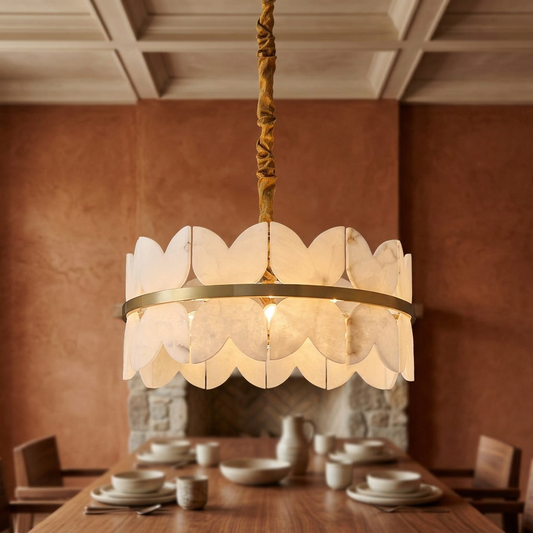 Alabaster cloud chandelier in a warm dining room