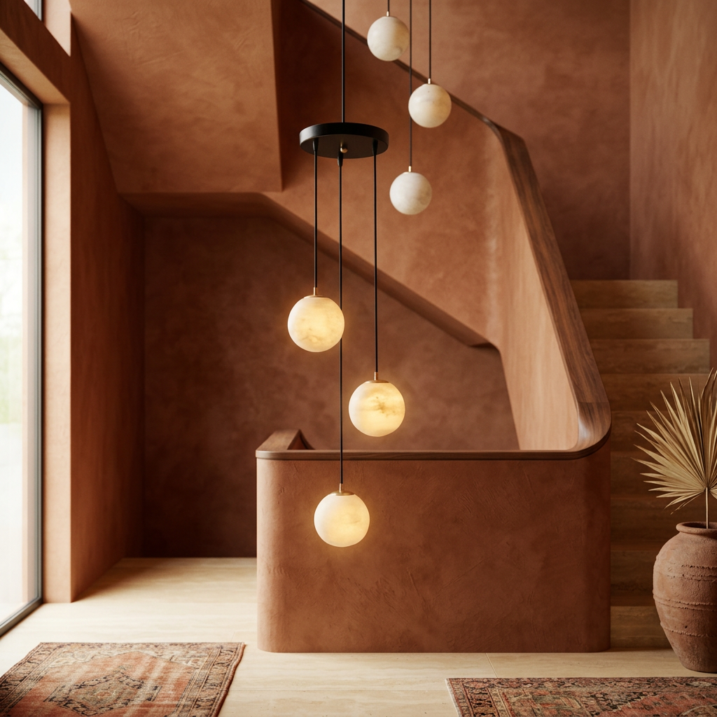 Alabaster ball cluster chandelier in a warm stairwell