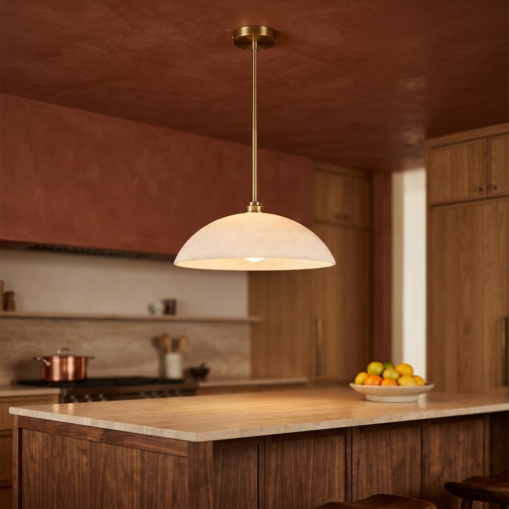 Alabaster dome pendant over a kitchen island