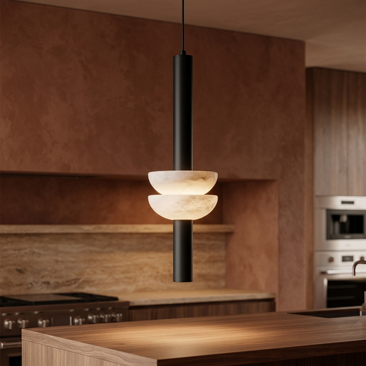Alabaster cylinder column pendant over a kitchen island