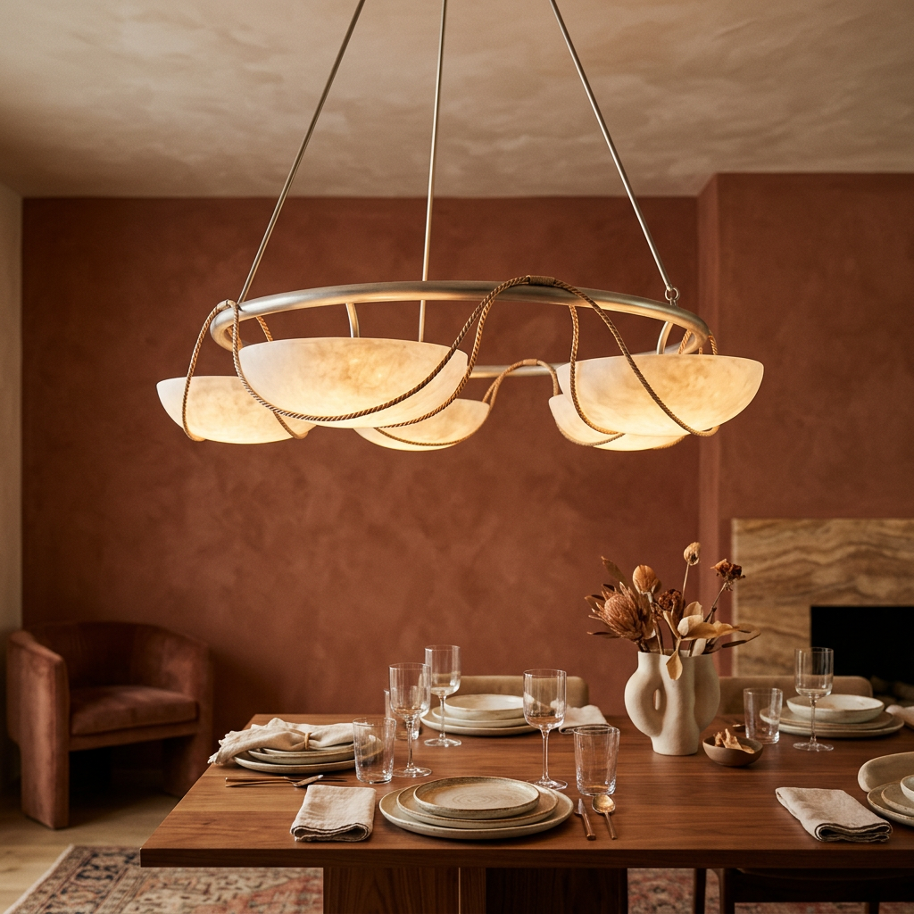 Alabaster ring chandelier over a dining table in a warm interior