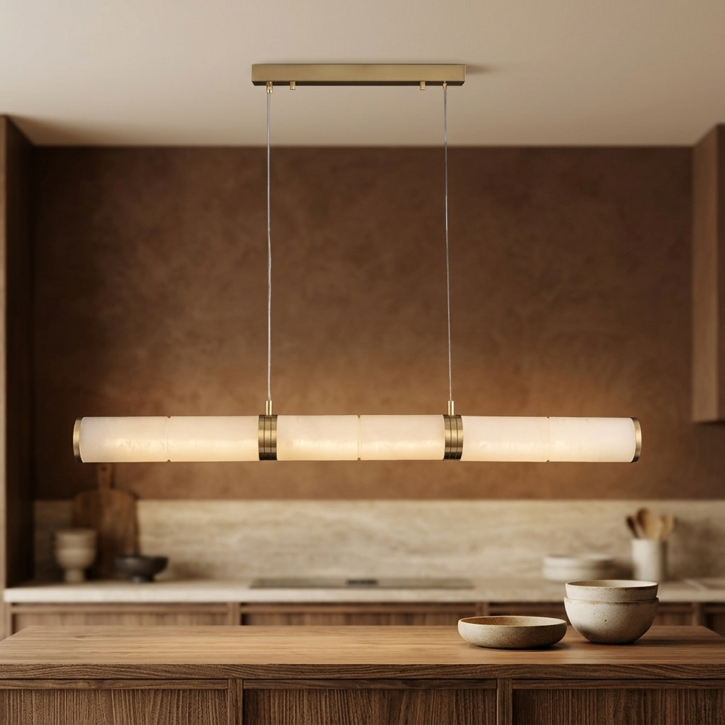 Alabaster linear beam pendant over a kitchen island