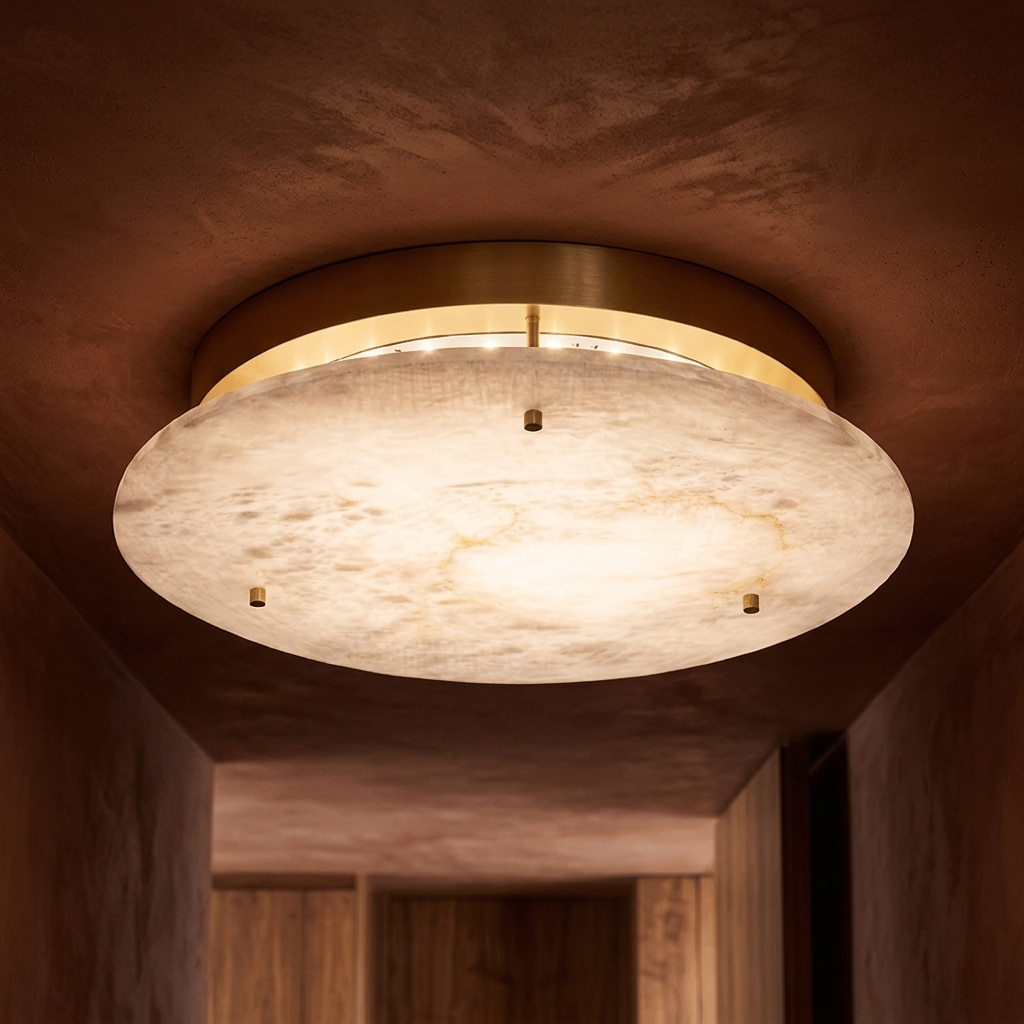 Alabaster disc flush-mount ceiling light in a warm hallway