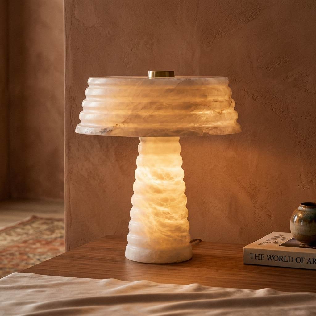 Alabaster layered table lamp on a console