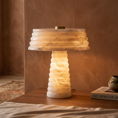 Alabaster layered table lamp on a console