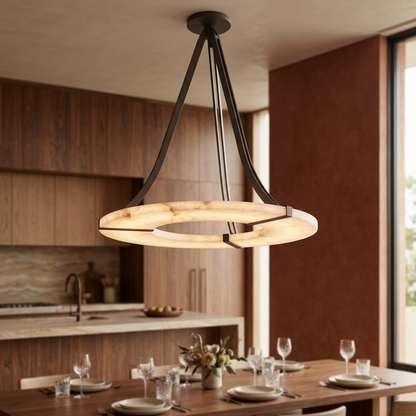 Alabaster halo ring pendant over a dining table