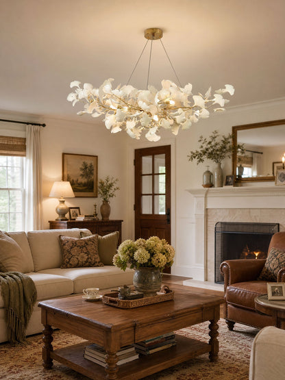 Ginkgo Leaf Chandelier for Dining Room & Living Room – Brass Sculptural LED Statement Chandelier, Modern Foyer & Stairwell Ceiling Light
