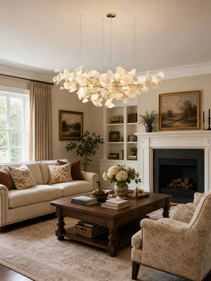 Ginkgo Leaf Chandelier for Dining Room & Living Room – Brass Sculptural LED Statement Chandelier, Modern Foyer & Stairwell Ceiling Light